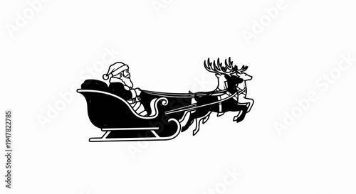 Santa in sleigh pulled by reindeer across white background