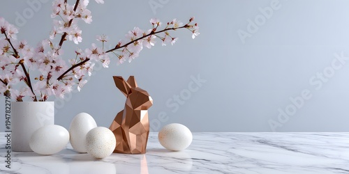 A modern Easter table features a bunny, eggs, and cherry blossom branches