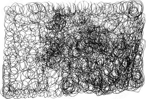 Hand-drawn monochrome line art with dense swirling lines tangled into a rectangular block shape