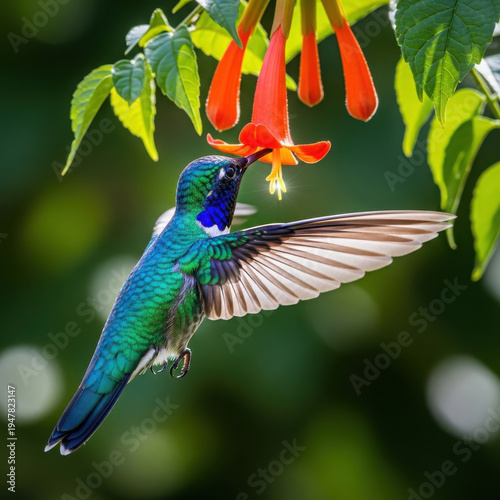 Vibrant hummingbird feeding on a blooming flower in its natural habitat