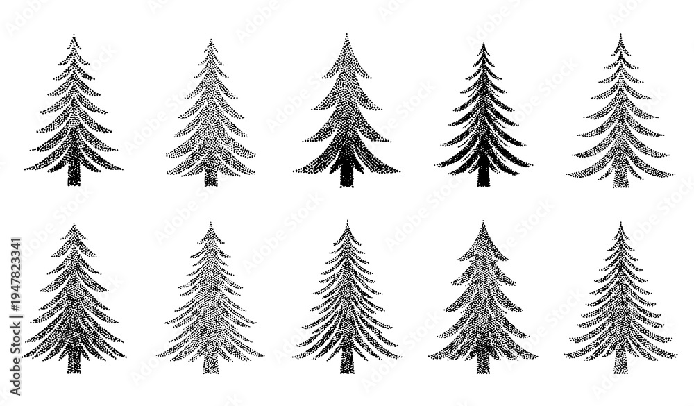 Obraz premium Minimal stipple halftone Christmas fir tree icons made of dots vector winter holiday design set isolated on white