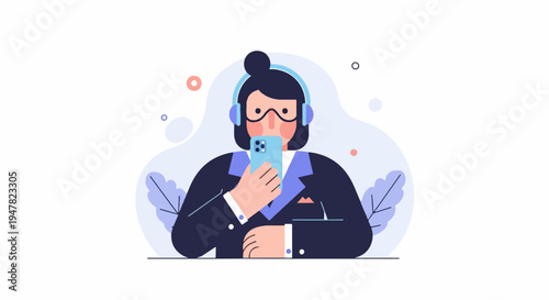 Person with headphones and phone, abstract design elements