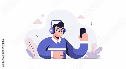 Person with headphones and phone, abstract background with plants