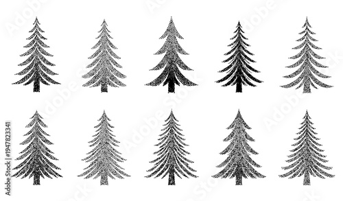 Minimal stipple halftone Christmas fir tree icons made of dots vector winter holiday design set isolated on white