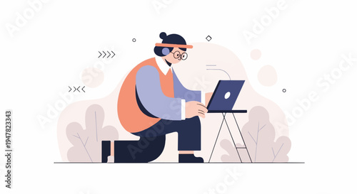 Person wearing headphones and glasses kneels, typing on a laptop in a minimalist, organic setting