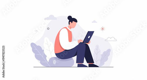 Person working on laptop in a minimalist outdoor scene