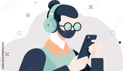 Person wearing headphones and glasses, looking at a smartphone