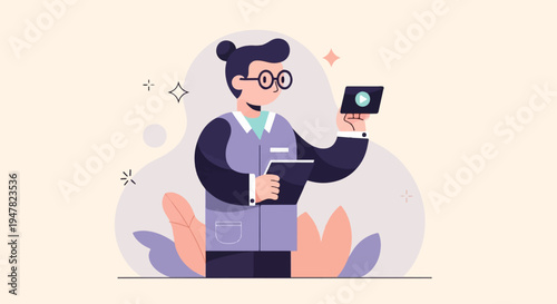 Scientist holds tablet with play button, studies clipboard