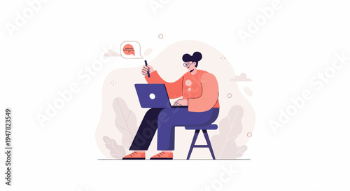 Person on stool with laptop and phone, abstract background