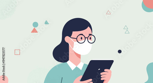 Person wearing mask and glasses holds tablet device