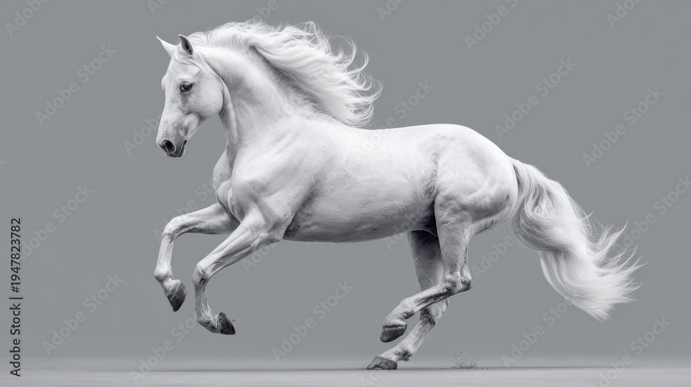 Naklejka premium Elegant white horse in motion against a soft gray background