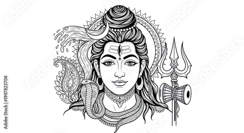 Lord Shiva Hindu deity, black and white illustration with cobra and trident