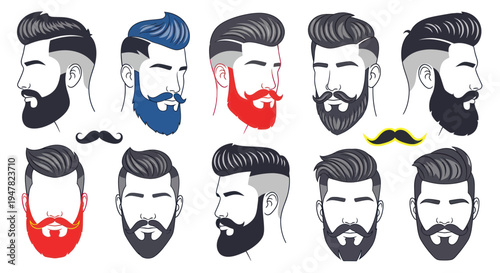 Modern Bearded Men Hairstyles and Beard Styles Collection Vector Illustration