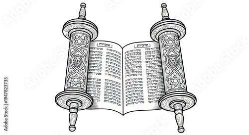 Open Torah Scroll with Hebrew Text, Religious Manuscript, Jewish Heritage