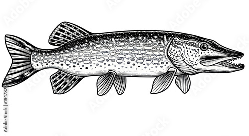 Pike Fish Illustration, Realistic Drawing, Aquatic Predator, White Background
