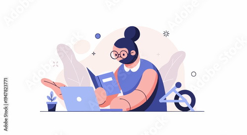 Person reading a book next to laptop and exercise bike