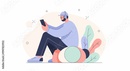 Person with headphones and phone sitting with colorful abstract shapes