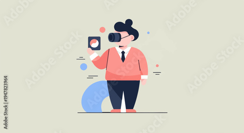 Person wearing VR headset and holding a tablet with a circle graphic