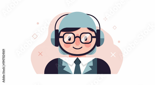 Person wearing headphones and glasses, suited and professional