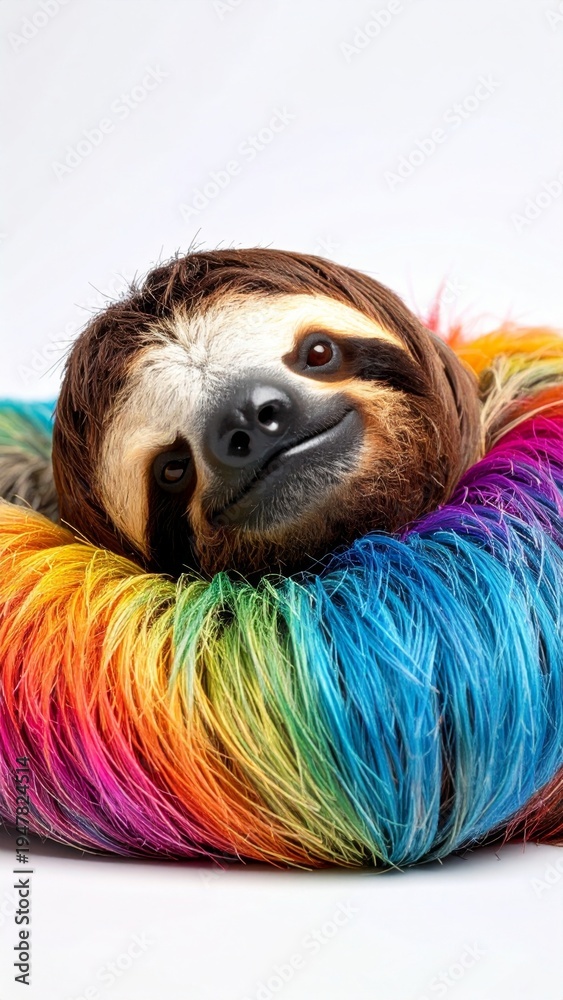 Naklejka premium Happy Sloth Relaxing in Colorful Fuzzy Rainbow Fur Blanket
