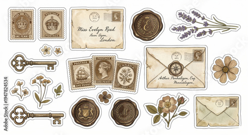 Vintage postal ephemera and mail watercolor sticker sheet vector