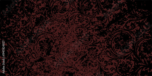 Seamless red floral pattern with vintage damask ornaments and black leaf textures creates a luxury antique fabric design for retro wallpaper backdrops
