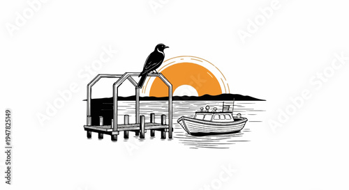 Silhouette of a bird on a dock next to a boat at sunset