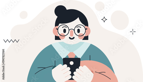 Smiling person with glasses, bun hairstyle, looking at a smartphone