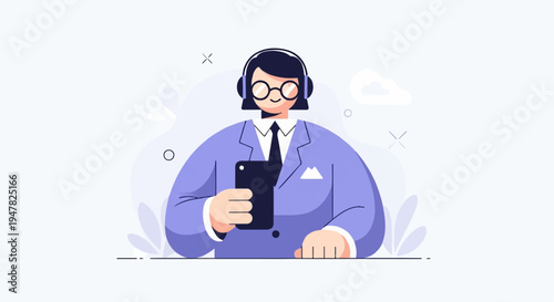Person with headphones and phone, wearing suit
