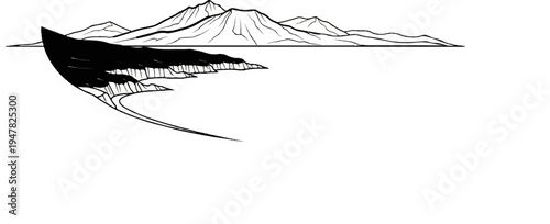 Stylized black and white illustration of mountains and a dark, angular landmass
