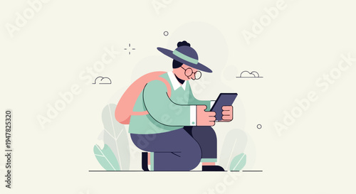Person with backpack and hat looking at a tablet device