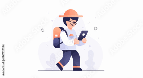 Person with backpack and hat looking at phone, walking with simple background
