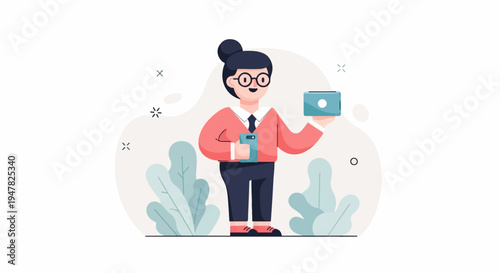 Person with glasses holding a device and a smaller rectangular object