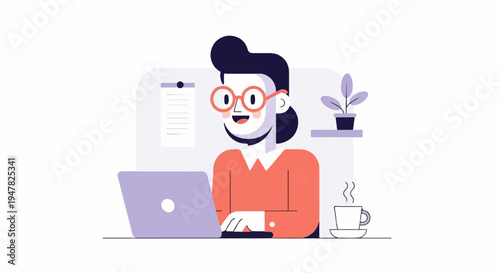 Person working on laptop with coffee and plant in minimalist style