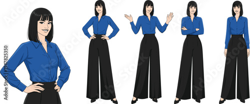 Professional businesswoman character set with different poses, corporate female employee cartoon, confident office worker illustration for business presentation