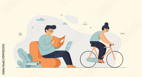 Person reading on couch with laptop, person cycling on bike