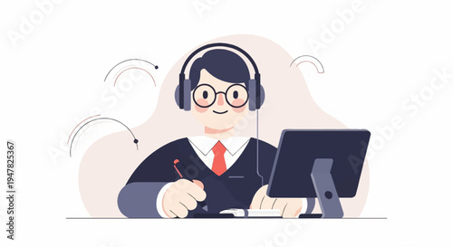 Person with headphones and stylus at desk with computer