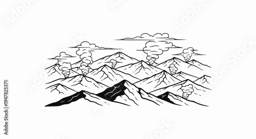 Stylized black and white line art illustration of multiple smoking volcanoes erupting