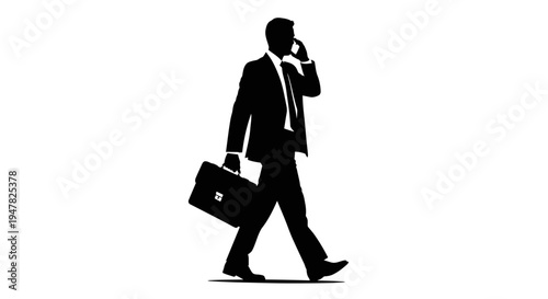 Silhouette of a businessman walking and talking on a mobile phone with a briefcase