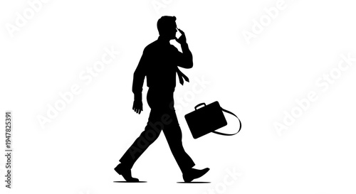 Silhouette of a businessman walking and talking on a mobile phone with a briefcase
