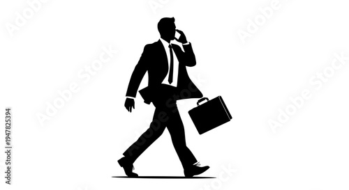 Silhouette of a businessman walking and talking on a mobile phone with a briefcase
