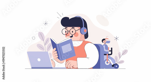 Person reading with headphones and laptop, another person on stationary bike