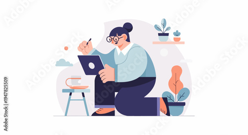 Person working on laptop with coffee and plants in a modern workspace