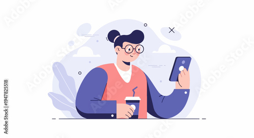 Person with glasses holding a phone and drink, illustrated