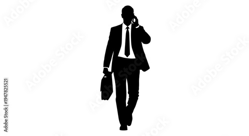 Silhouette of a businessman walking and talking on a mobile phone, carrying a briefcase.