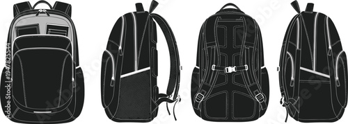 School backpack front side back views, modern travel bag design, student rucksack illustration, black backpack equipment concept