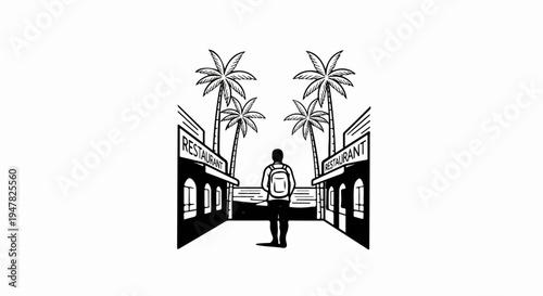 Solitary traveler stands between palm trees and restaurants in a tropical town