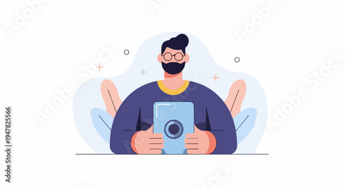 Person with glasses holding a tablet device, abstract plant shapes background