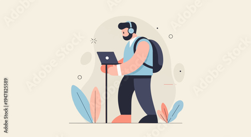 Person with backpack and headphones using a laptop outdoors