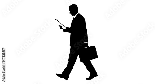 Silhouette of a businessman walking with a briefcase and documents, isolated on white